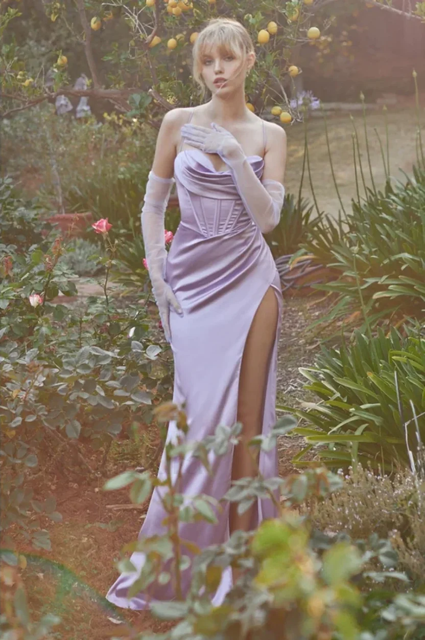 Pretty Young Purple Mermaid Spaghetti Strap Slit Corset Satin Dress Prom Dress Evening Dress L557