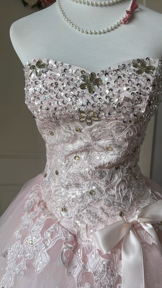 Princess Pink Ball Gown Sweetheart Bow Rhinestone Appliques Tulle Dress Quinceanera Dress 16 L573