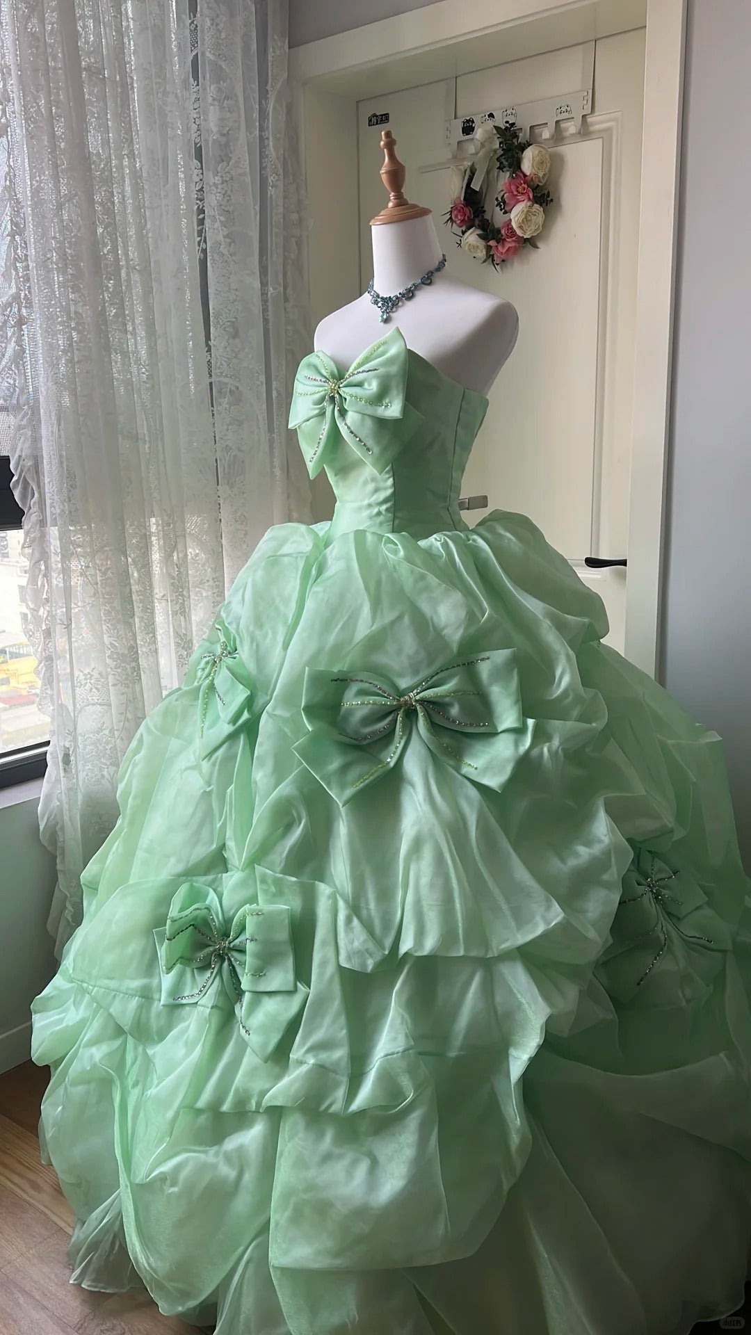 Princess Mint Green Ball Gown Strapless Bow Rhinestone Tulle Dress Quinceanera Dress 16 L578
