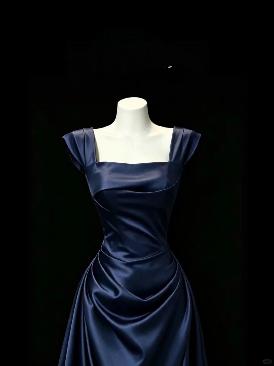 Classy Navy A-Line Square Ruched Satin Dress Prom Dress Evening Dress L582
