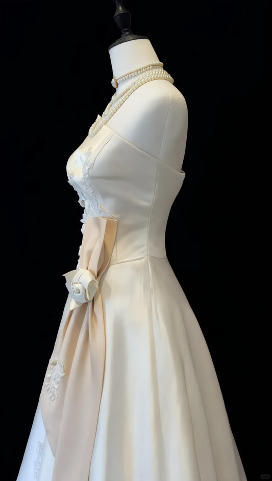 Modest White A-Line Asymmetrical Neck Appliques Bow Satin Dress Prom Dress Evening Dress L590