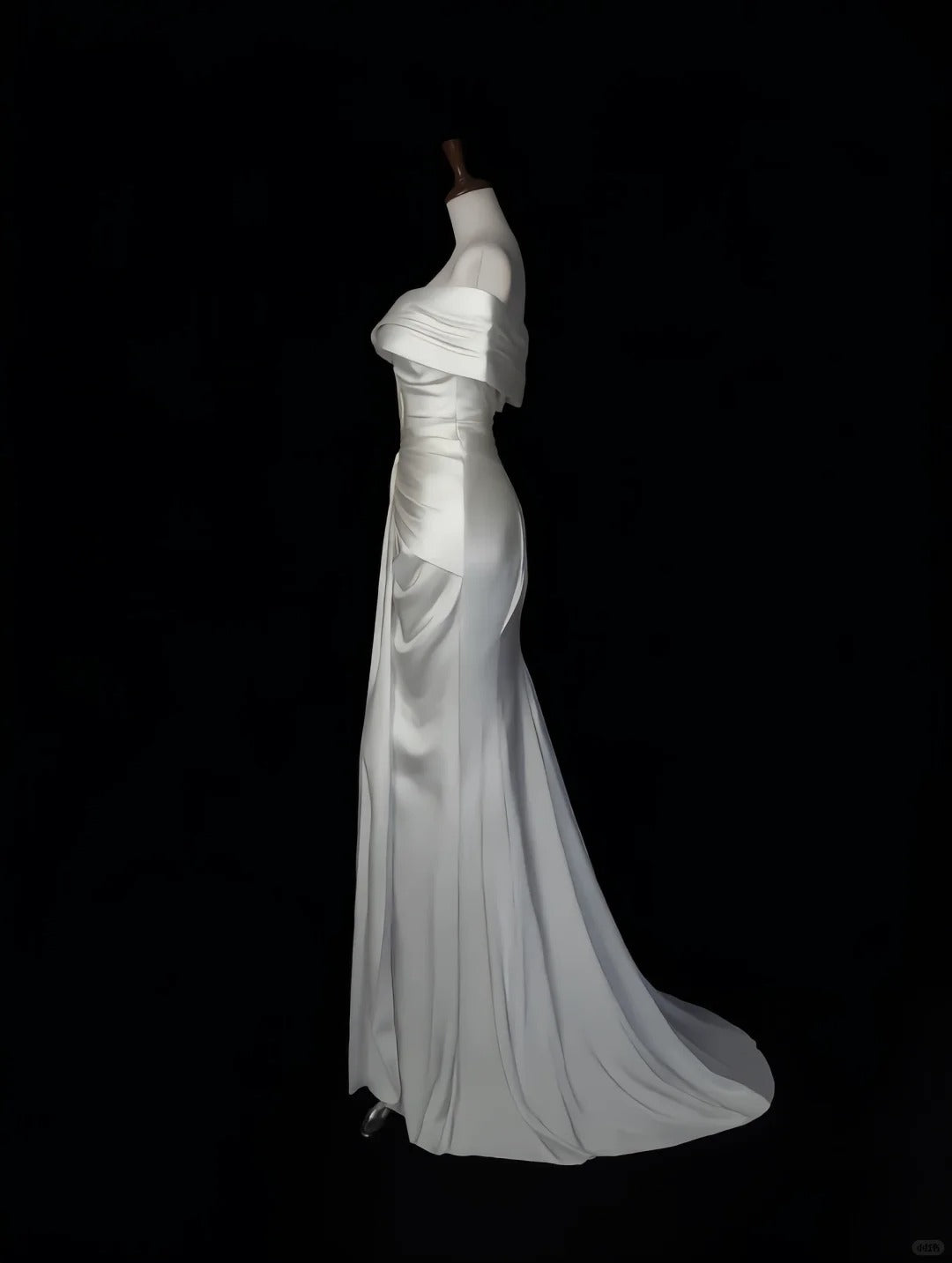 Pretty White Satin Wedding Dress Asymmetrical Neck Mermaid Ruched Ballroom Wedding Dress L592