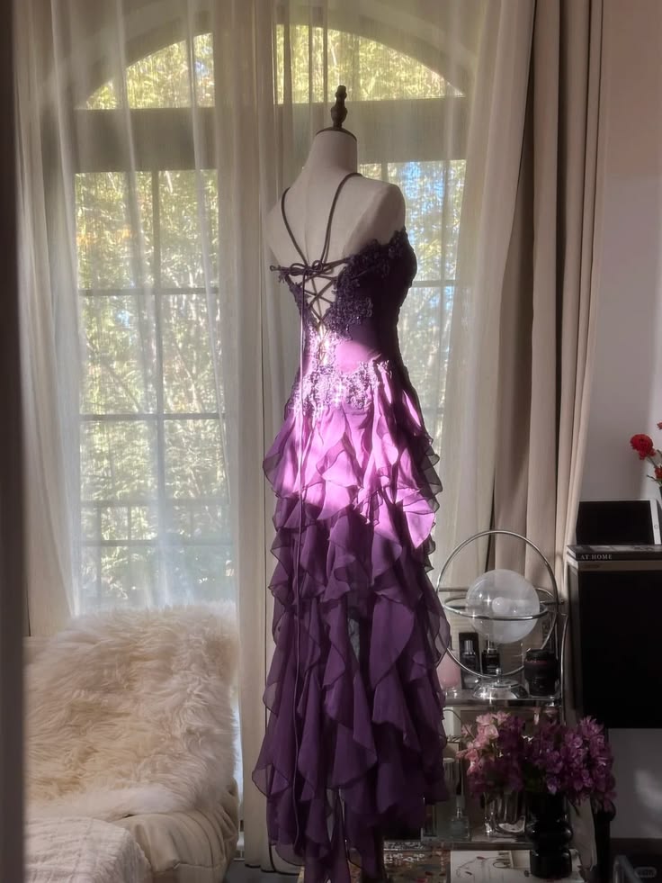Classy Purple Sheath Strapless Beaded Appliques Tiered Ruffled Tulle Dress Prom Dress Evening Dress L593