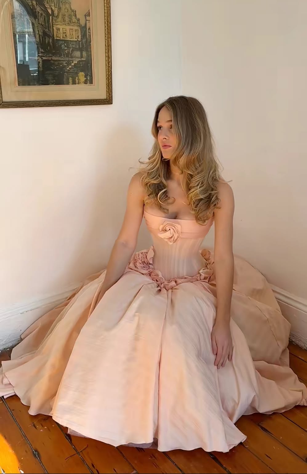 Princess Light Pink Ball Gown Strapless Handmade Flowers Satin Quinceanera Dress 16 L71