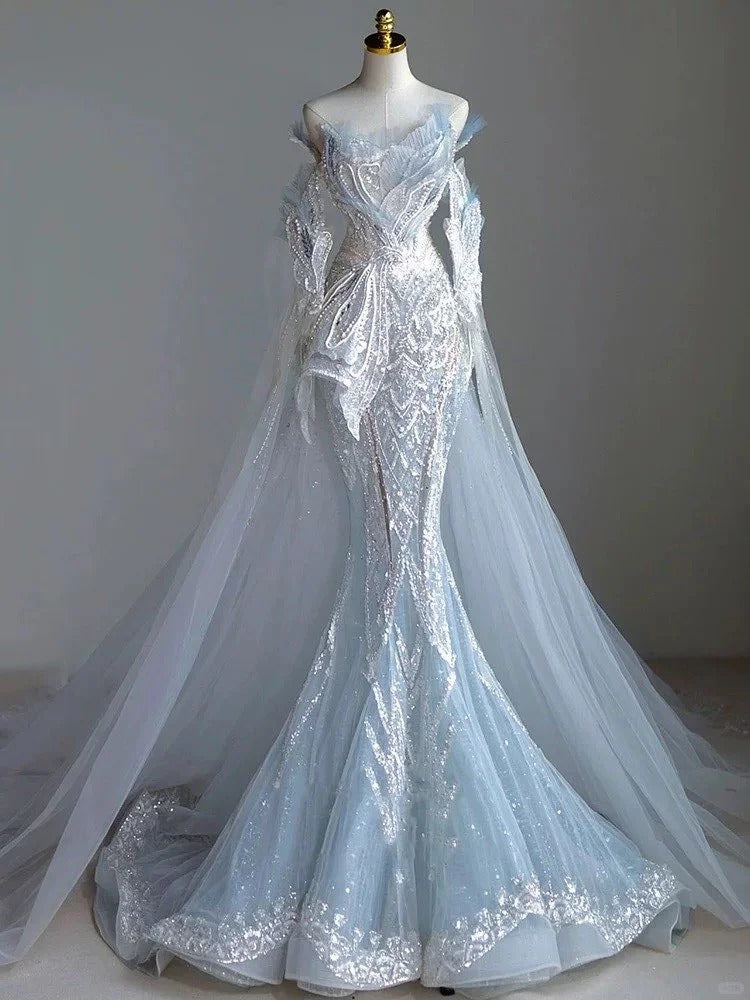 Fairy Light Blue Mermaid Asymmetrical Sequins Lace Beaded Tulle Dress Prom Evening Dress L79