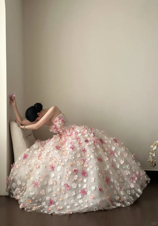 Dreamy Ivory Ball Gown Off-The-Shoulder Floral Appliques Tulle Dress Quinceanera Dress 16 L90