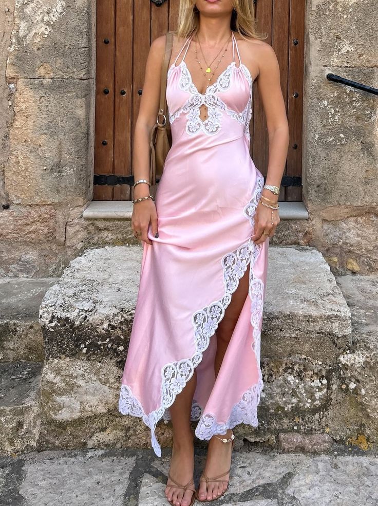 Pretty Pink Sheath Halter Lace A Side Slit Satin Dress Prom Evening Dress L93