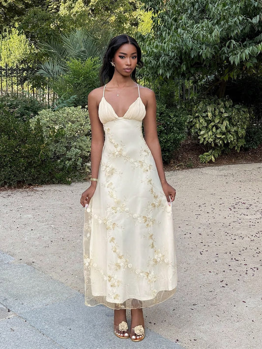 Modest Pastel Yellow Sheath Spaghetti Strap Floral Embroidery Tulle Dress Prom Evening Dress L96