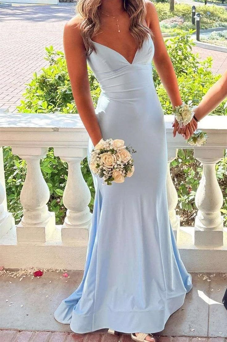 Chic Sheath Satin Long Evening Dress Light Blue V-neck Prom Dress M001