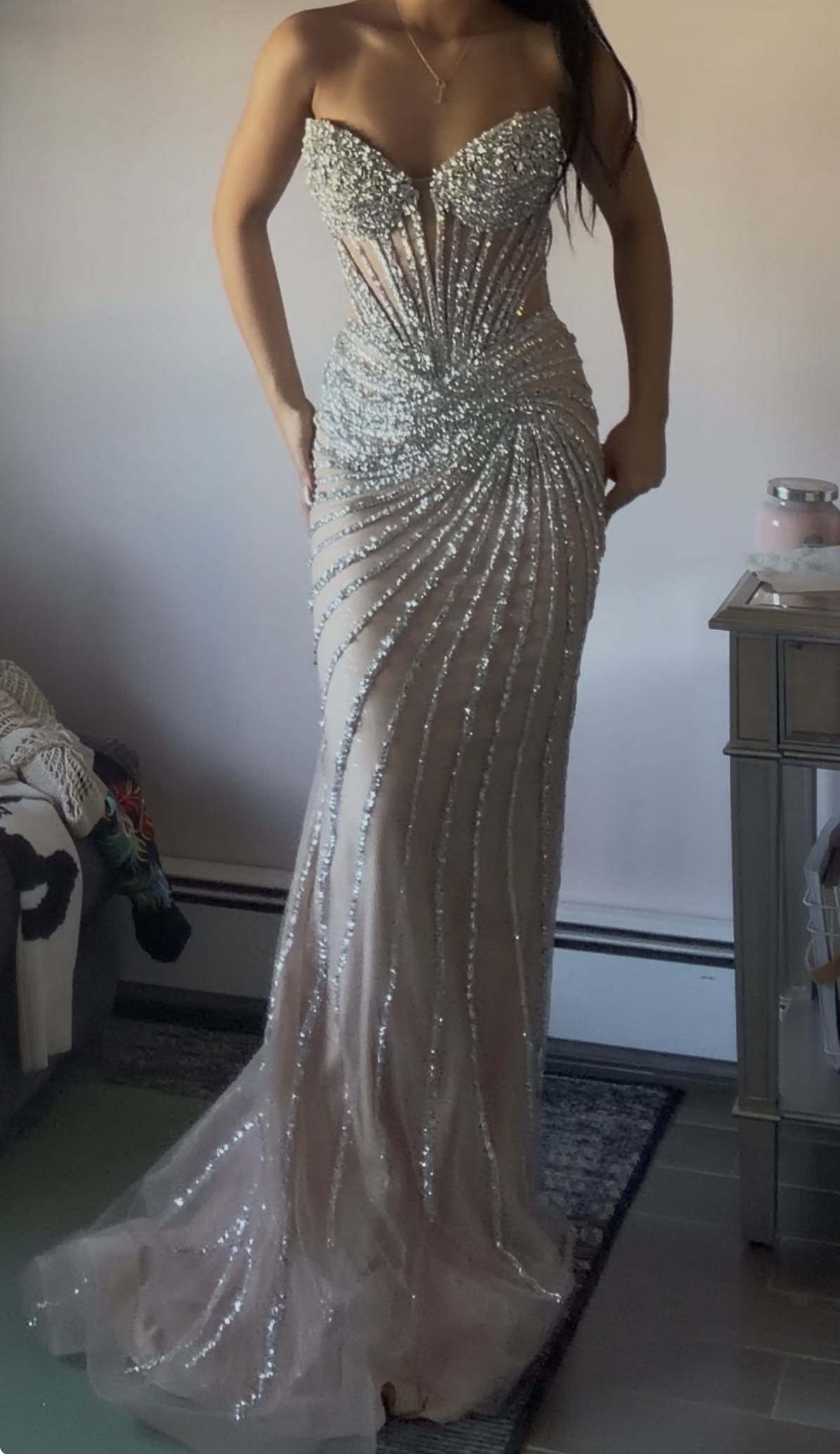 Exquisite Strapless Sheath Dress Tulle Dress Beaded Sequins Dress M010