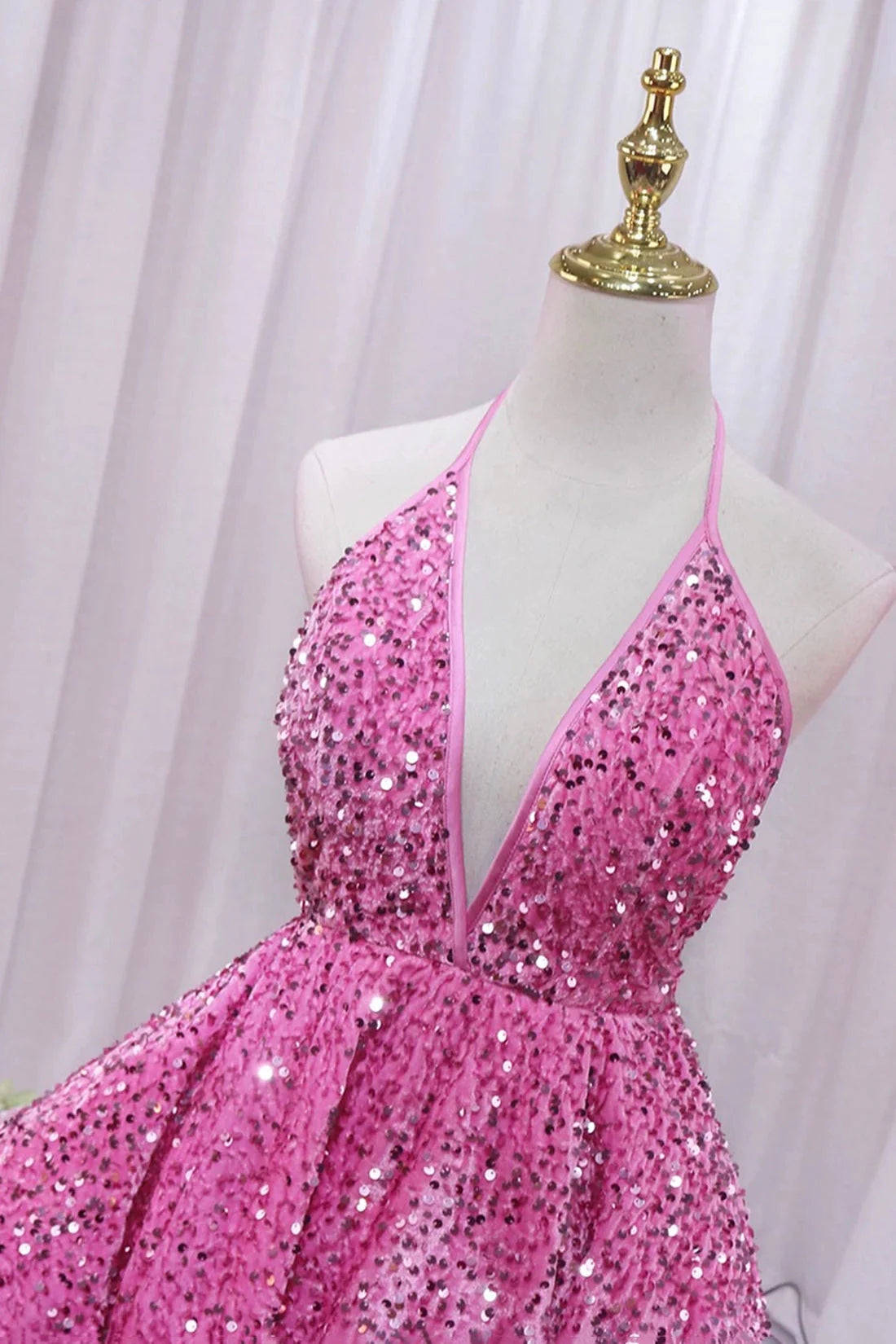Pink V-Neck Sequins Short Prom Dress, Pink A-Line Backless Party Dress MD7410