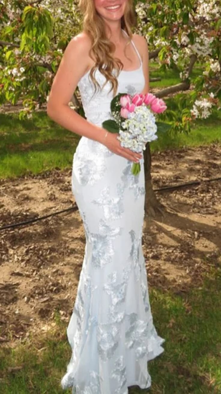 Elegant White Spaghetti Strap Floral Applique Lace Mermaid Dress Prom Evening Dress M037