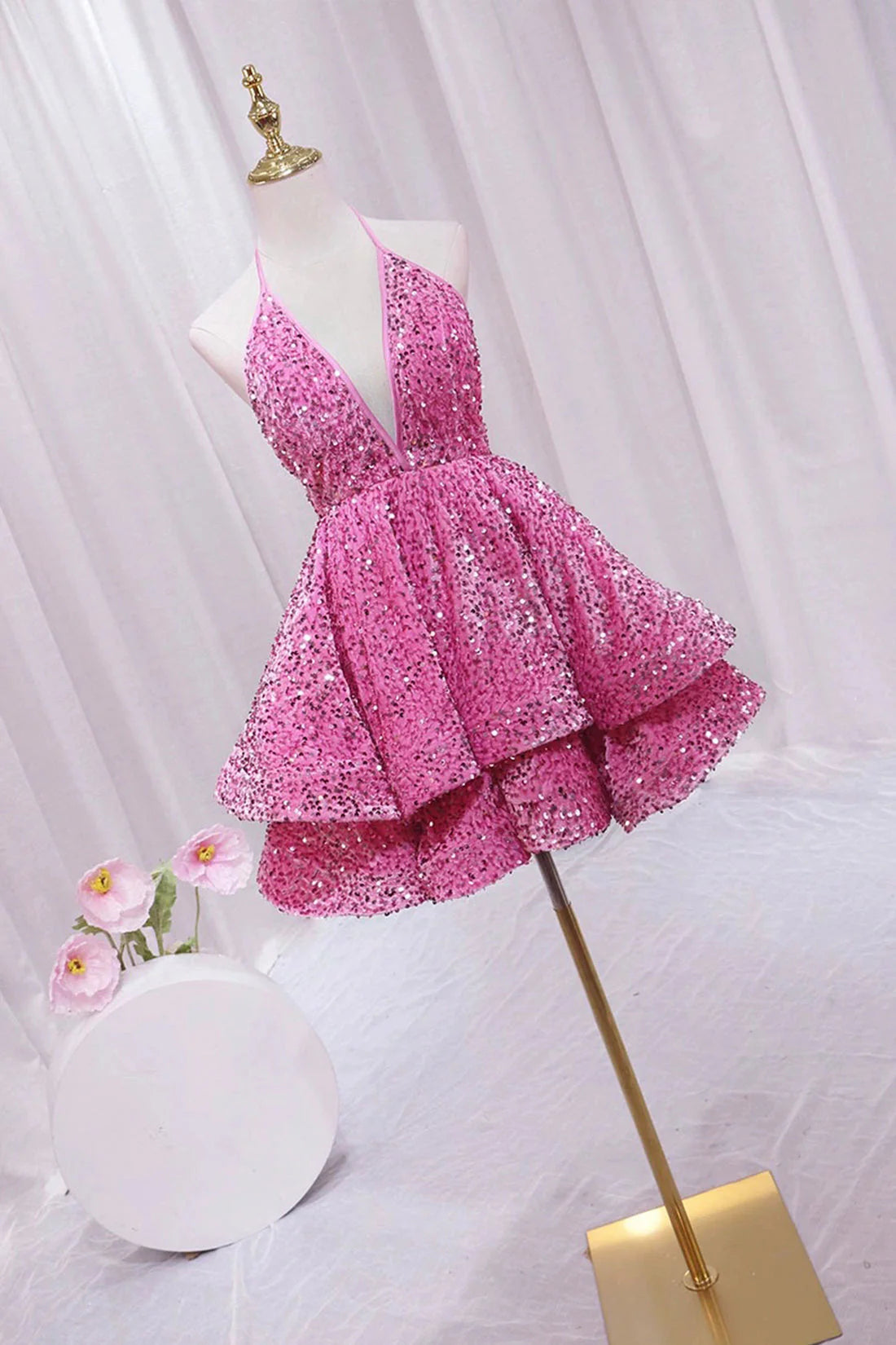 Pink V-Neck Sequins Short Prom Dress, Pink A-Line Backless Party Dress MD7410