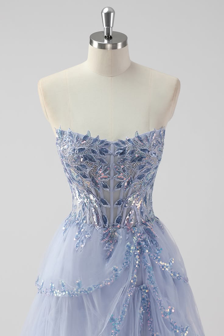 Dreamy Light Blue A-Line Spaghetti Strap Sequins Tulle Dress Prom Dress M050