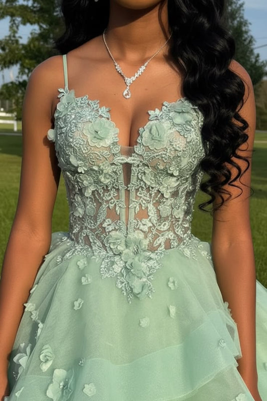 Pretty Mint Green Tulle Ball Gown Sweetheart Appliques Ruffles Prom Quinceanera Dress M044