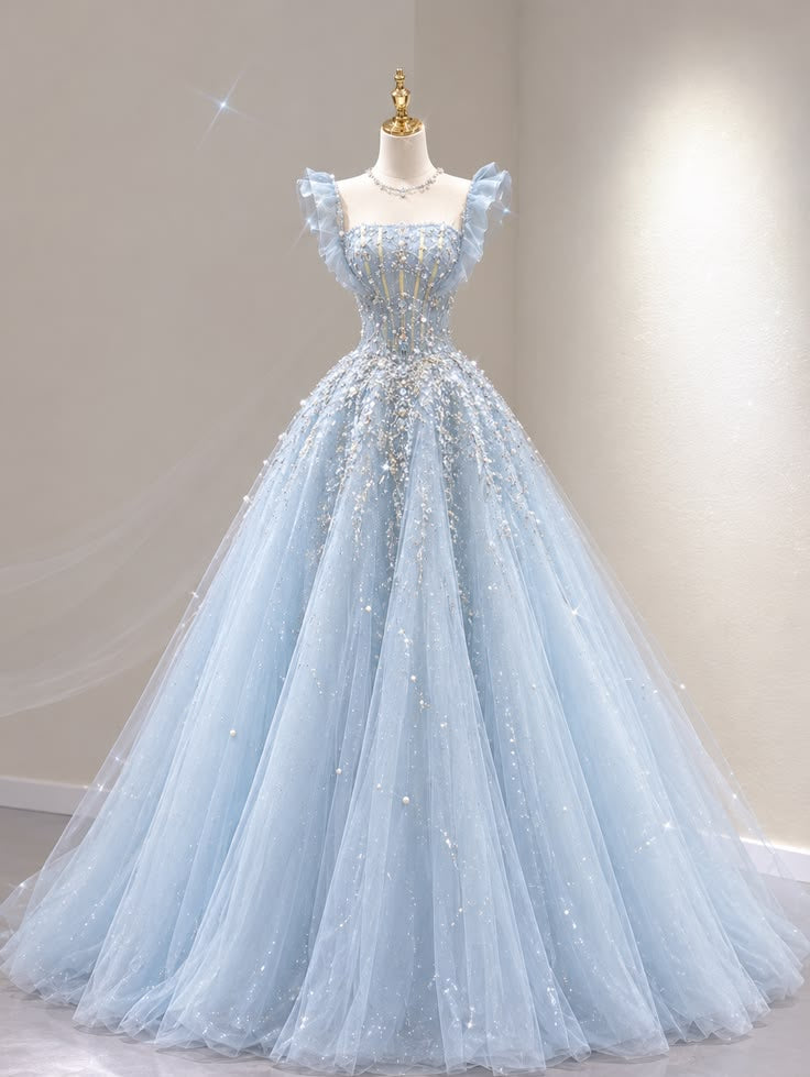 Elegant Light Blue Ball Gown Square Neck Ruffle Strap Beaded Rhinestone Tulle Prom Quinceanera M045