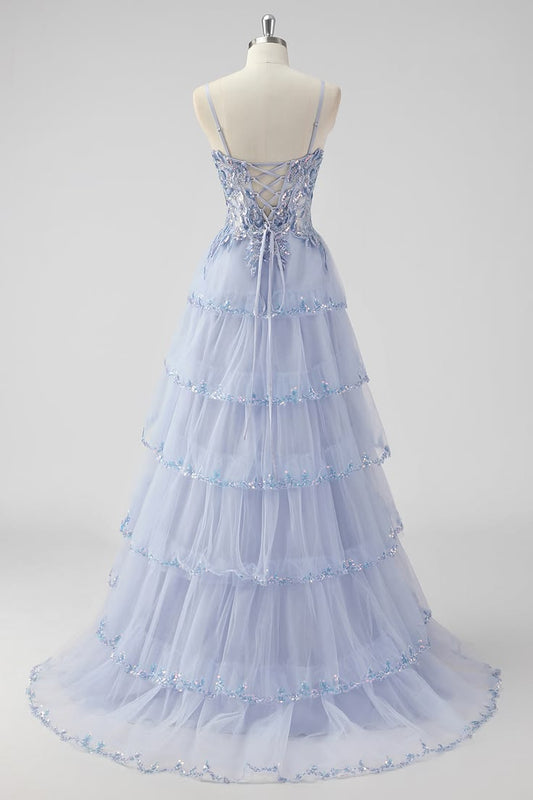 Dreamy Light Blue A-Line Spaghetti Strap Sequins Tulle Dress Prom Dress M050
