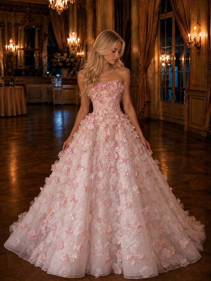 Romantic Pink Ball Gown Strapless Lace Floral Appliques Tulle Dress Quinceanera Dress Prom Dress M052