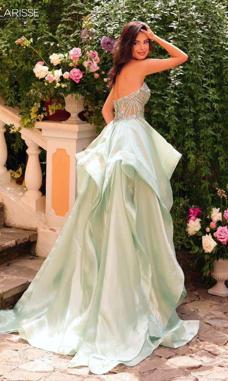 Pretty Light Green A-line Sweetheart Floral Appliques Beaded Ruffles Satin Dress Prom Dress Evening Dress M057