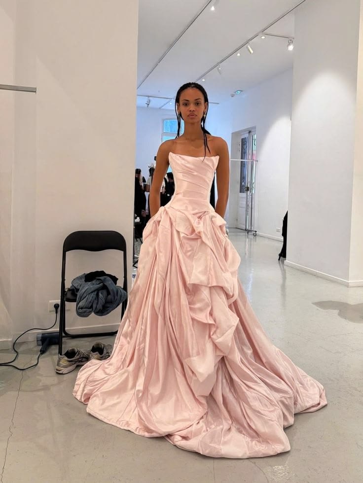 Elegant Pink Ball Gown Strapless Draped Ruffled Taffeta Dress Prom Dress Quinceanera Dress M062