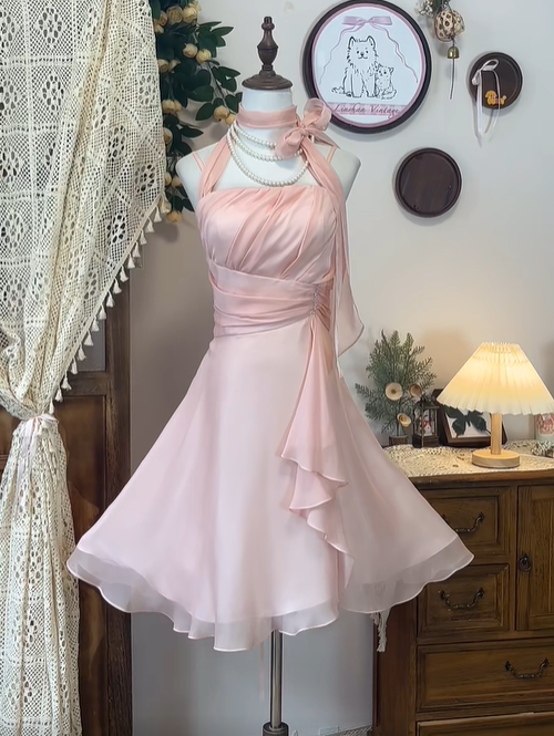 Cute Flouncing Fold Pink Halter Empire Dress Sweet 16 Party Dress D1744