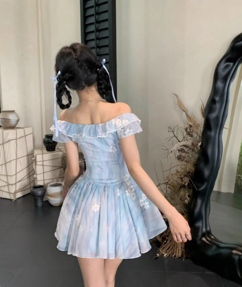 Seaside Lace Square Neckline Ruffle Floral Mini Ball Gown Sweet 16 Dress Homecoming Dress D1755