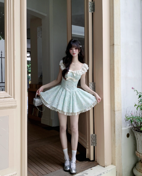 Pretty Lace Square Neckline Floral Fold Tiered Short Prom Dress Birthday Party Dress with Bowknot D1756