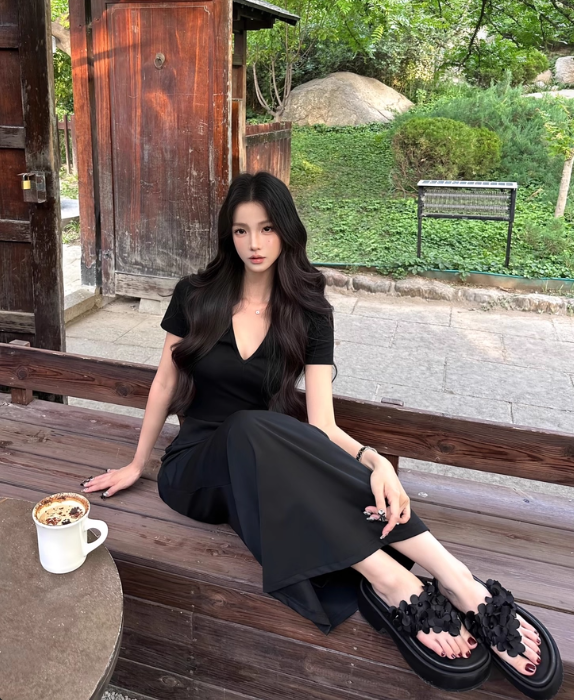Elegant V-Neckline Sheath Short Sleeves Pleated Ankle Length Dress Party Dress Women Dress Summer Dress D1789