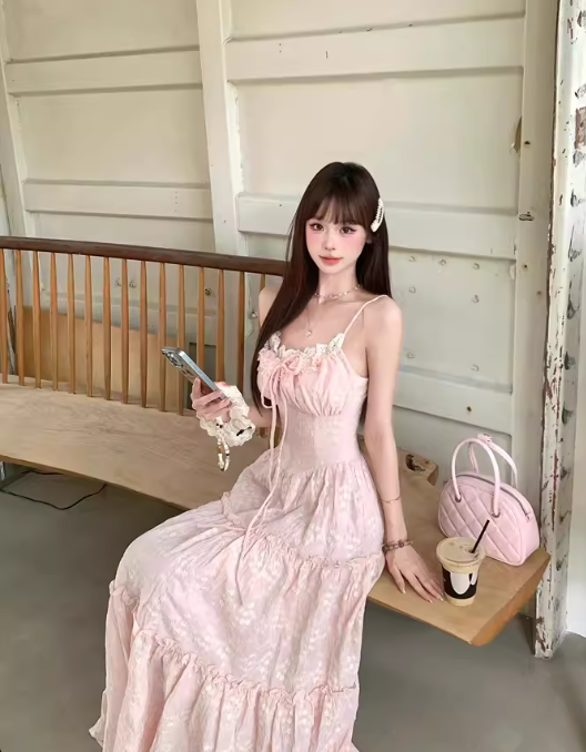 Cute A-Line Spaghetti Straps Lace-up Pleated Seaside Long Birthday Party Dress Women Dress Summer Dress D1790