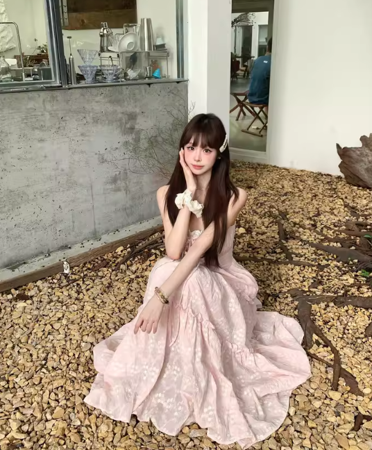 Cute A-Line Spaghetti Straps Lace-up Pleated Seaside Long Birthday Party Dress Women Dress Summer Dress D1790
