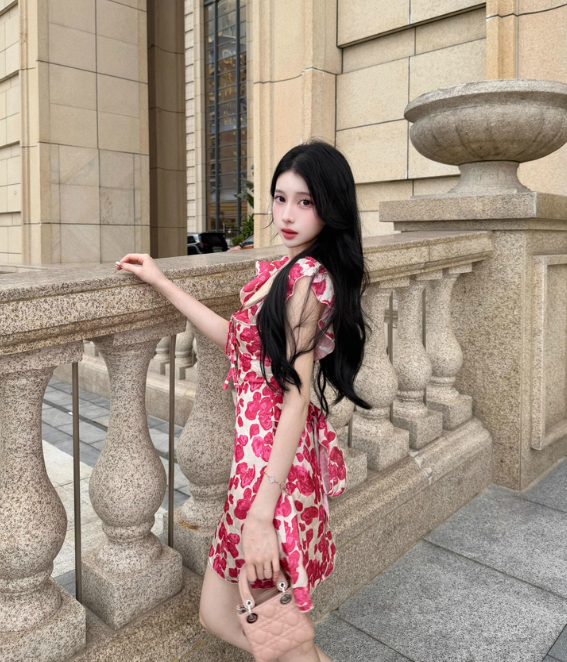 Sexy Seaside A-Line Straps Lace-up Printing Rose Short Outfits Dress Dating Dress Homecoming Dress D1791