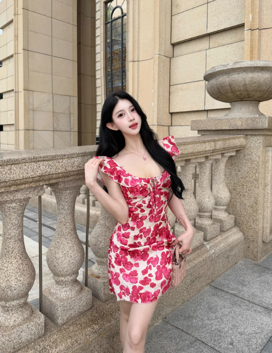 Sexy Seaside A-Line Straps Lace-up Printing Rose Short Outfits Dress Dating Dress Homecoming Dress D1791