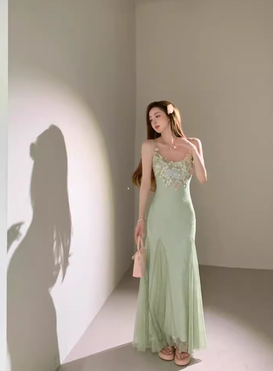 Seaside Vacation Spaghetti Straps Handmade Flower Tulle Mermaid Long Skirt Quinceanera Dress Women Dress Summer Dress D1792
