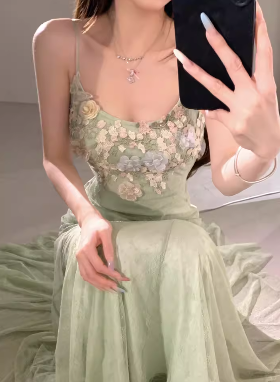 Seaside Vacation Spaghetti Straps Handmade Flower Tulle Mermaid Long Skirt Quinceanera Dress Women Dress Summer Dress D1792