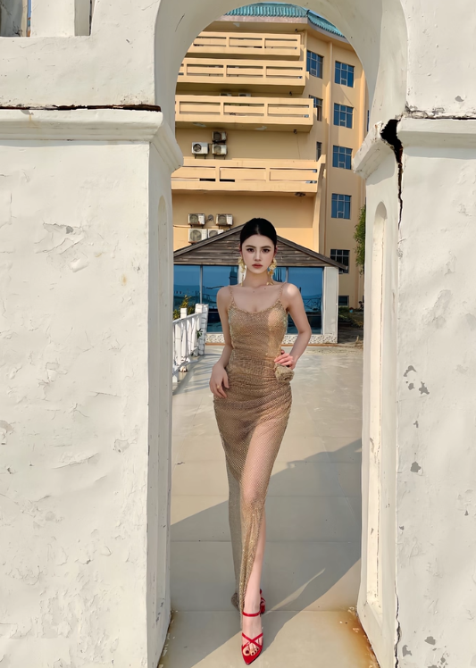 Shiny Spaghetti Straps Sheath Pleated Handmade Rose Long Birthday Party Dress Gala Prom Dress D1793