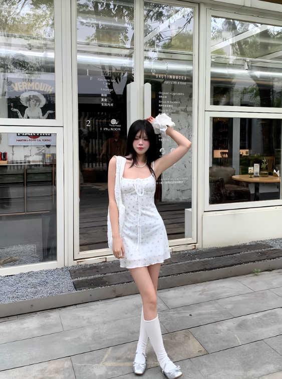 Cute A Line Spaghetti Straps Lace-up Flower Sheath Seaside Mini Skirt Homecoming Dress Party Dress D1800