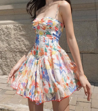 Sweet A Line Spaghetti Straps Printing Tulle Short Summer Seaside Dress Vacation Dress Women Dress D1816