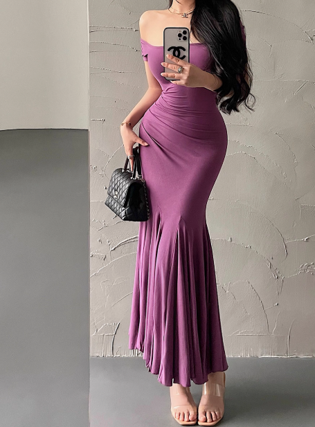 Pretty Short Sleeve Sheath Fold Ankle Length Mermaid Dress Summer Dress Party Dress Women Dress D1821