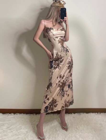 Fashion Spaghetti Straps Backless Priting Ankle Length Skirt Summer Dress Party Dress Women Dress D1825