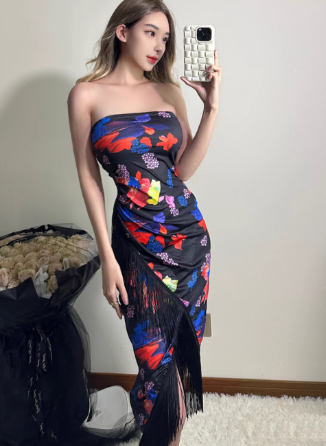 Sexy Strapless Priting Tassel Halter Long Skirt Party Dress Summer Dress Women Dress D1826