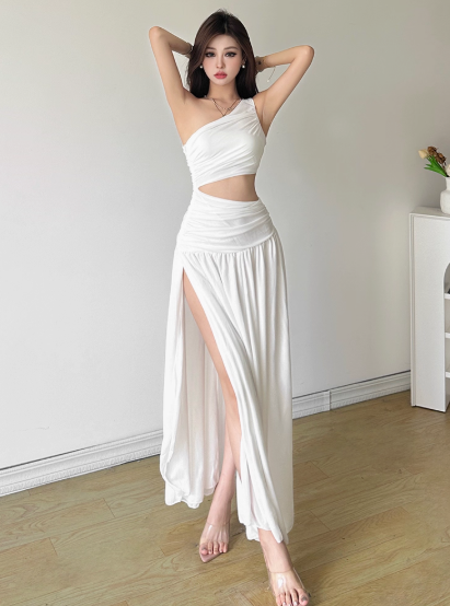 Fashion One Shoulder Pleated Long Dating Dress Summer Vacation Dress Women Dress D1830