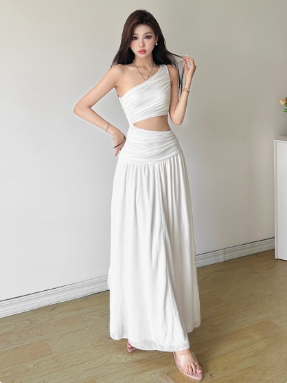 Fashion One Shoulder Pleated Long Dating Dress Summer Vacation Dress Women Dress D1830