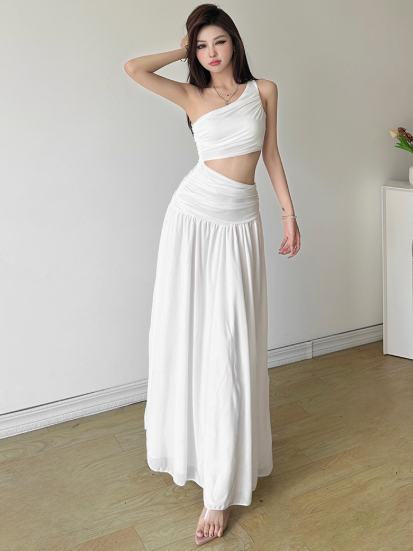Fashion One Shoulder Pleated Long Dating Dress Summer Vacation Dress Women Dress D1830