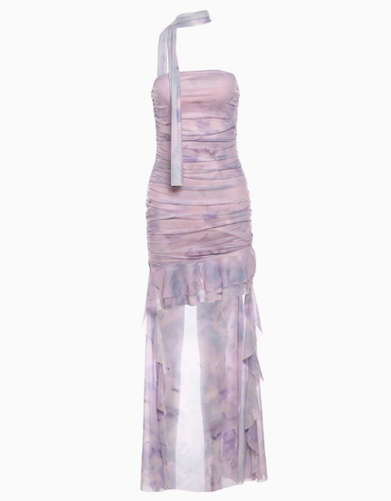 Sexy Halter Print Irregular Ruffles Pleated Slim waist Hi-Lo Dress Summer Dress Party Dating Dress Women Dress D1836