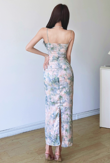 Elegant Spaghetti Strap Lace Neck Sheath Floral Print Vacation Vibes Long Dress Summer Dress Women Dress D1838