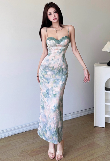Elegant Spaghetti Strap Lace Neck Sheath Floral Print Vacation Vibes Long Dress Summer Dress Women Dress D1838