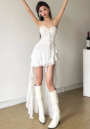Minimalist Hi-Lo Spaghetti Straps Pleated Asymmetric Ruffle Hem Casual Chic Dress Dating Dress Summer Dress D1839