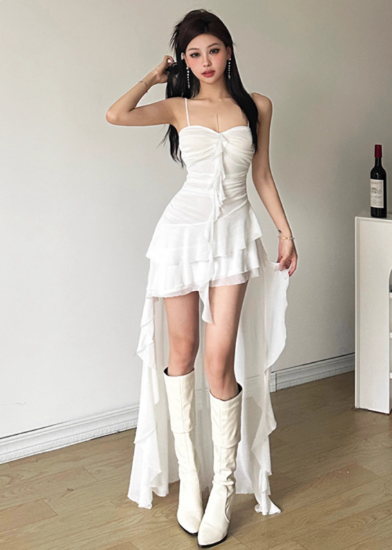 Minimalist Hi-Lo Spaghetti Straps Pleated Asymmetric Ruffle Hem Casual Chic Dress Dating Dress Summer Dress D1839