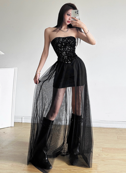 Minimalist Shiny Black Strapless Pleated Tiered Tulle Dress Dating Dress Party Dress Summer Dress Women Dress D1841