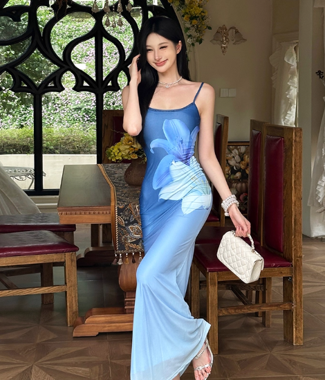 Holiday Style Spaghetti Straps Gradient Slim Fit Printing Seaside Dress Women Dress Dating Dress D1844